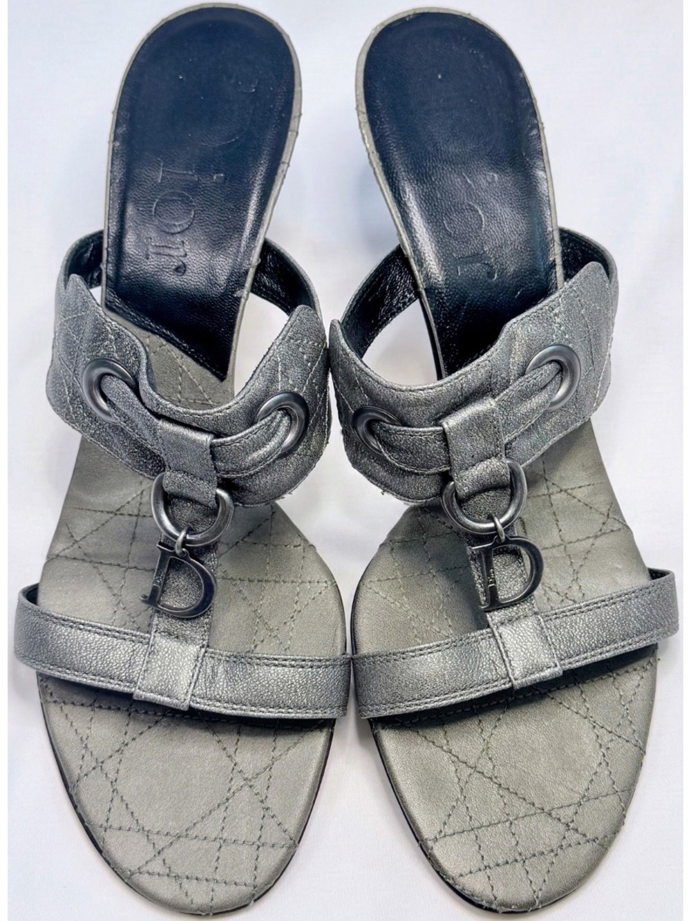 Christian Dior Y2K Metallic Silver Cannage D Charm Stiletto Heels Sandals 38.5